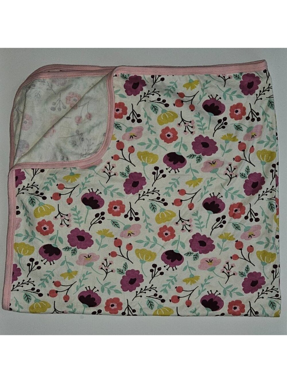 Touched By Nature Organic Cotton Baby Blanket Swaddle Pink Trim Floral Purple